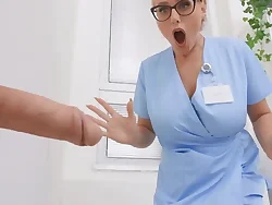 Nerdy blonde nurse with big tits practices anal sex in front shift